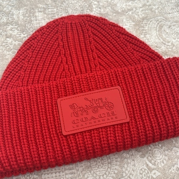 NWOT Coach Ribbed Knit Patch Beanie Sport Red Winter Cap Cuffed Hat main image 5
